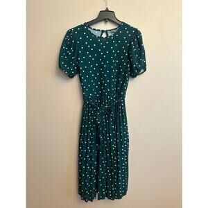 Lark + Grey Green Polka Dot Puff Sleeve Midi Dress Size L